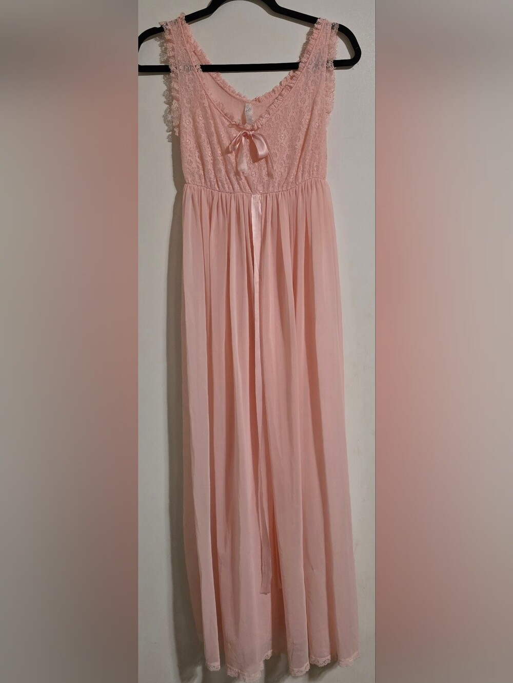 Pink Lace Nightgown Women's Medium Romantic Ruffle Bow Maxi Sleepwear